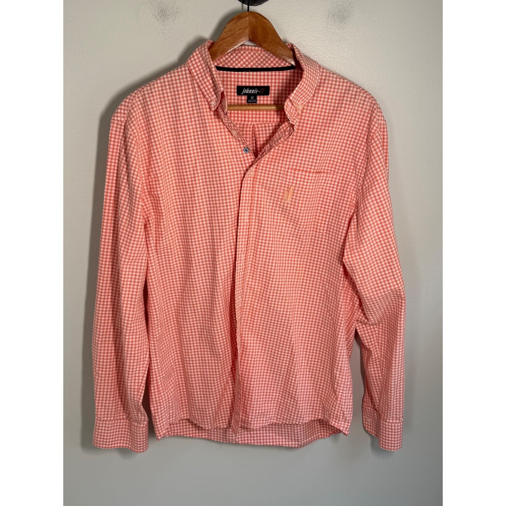 Johnnie-O Mens Orange White Gingham Plaid Button Down Shirt Size M Cotton